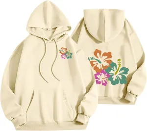 Hibiscus Flower Hoodie for Women Floral Pullover Sweatshirt Casual Oversized Hooded Top Pocket Streetwear Fall Fashion