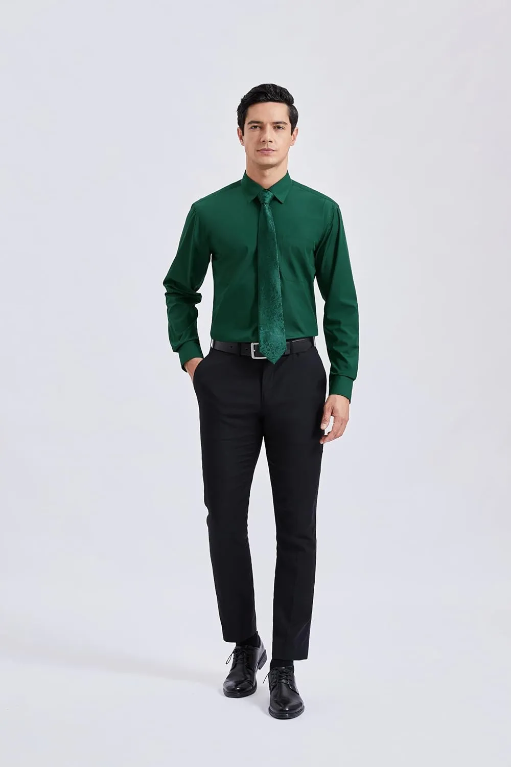 HISDERN Mens Dress Shirt Long Sleeve Matching Tie and Pocket Square Set Classic Button Down Formal Business Shirts