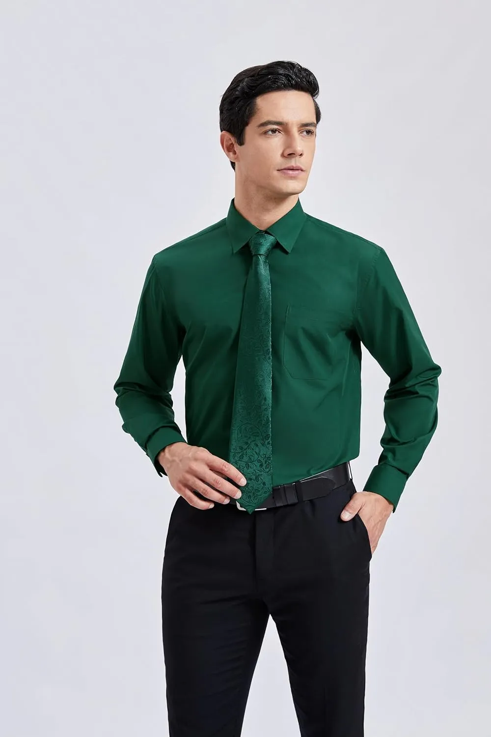 HISDERN Mens Dress Shirt Long Sleeve Matching Tie and Pocket Square Set Classic Button Down Formal Business Shirts