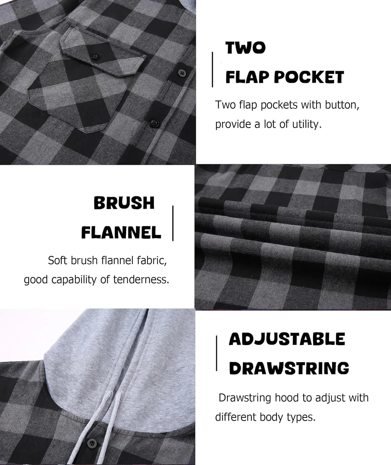 Hooded Flannel Shirt for Men, Lightweight Flannel Jacket Long Sleeve Plaid Causal Button Down Shirts with Pocket