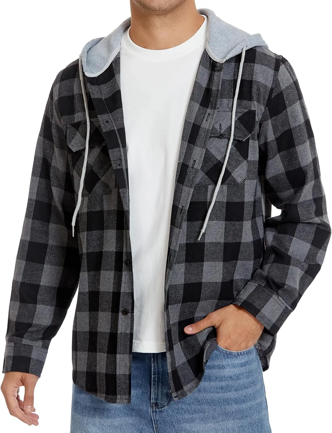 Hooded Flannel Shirt for Men, Lightweight Flannel Jacket Long Sleeve Plaid Causal Button Down Shirts with Pocket