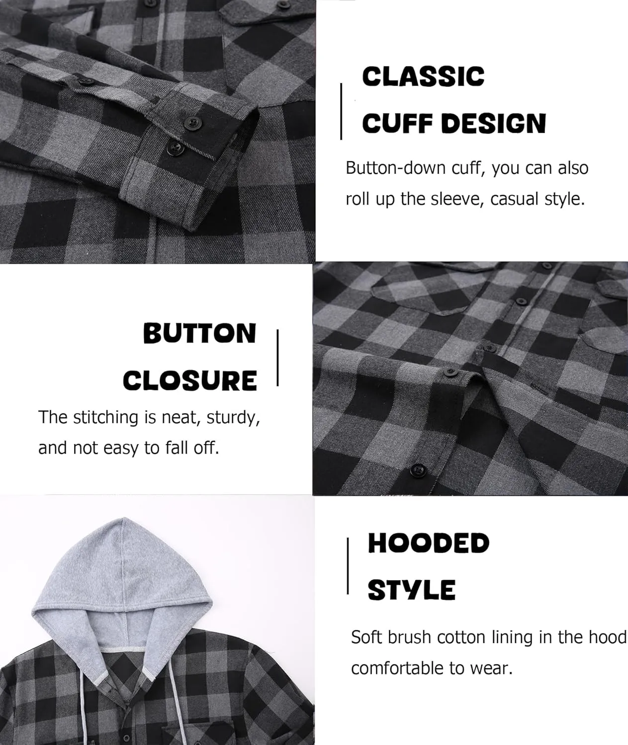 Hooded Flannel Shirt for Men, Lightweight Flannel Jacket Long Sleeve Plaid Causal Button Down Shirts with Pocket
