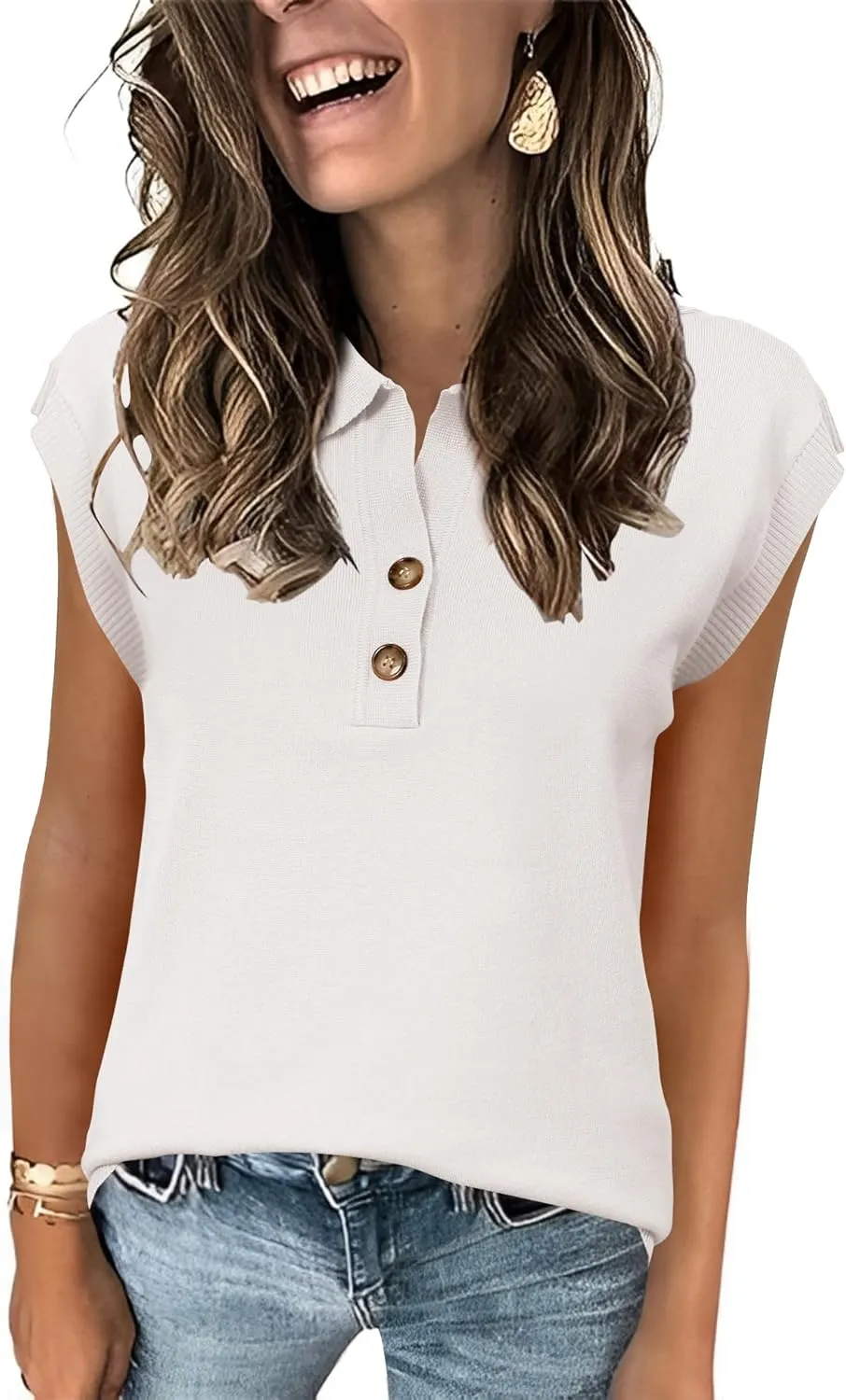 IECCP Womens Cap Sleeve Sweater Vest Summer V Neck Lightweight Casual Button Front Loose Fit Knit Pullover Polo Top