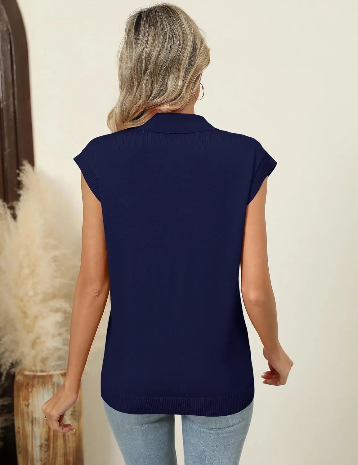 IECCP Womens Cap Sleeve Sweater Vest Summer V Neck Lightweight Casual Button Front Loose Fit Knit Pullover Polo Top