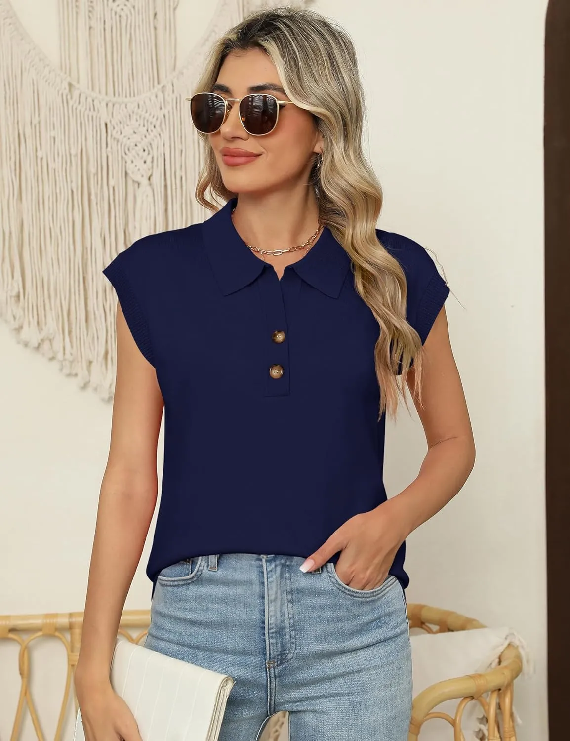 IECCP Womens Cap Sleeve Sweater Vest Summer V Neck Lightweight Casual Button Front Loose Fit Knit Pullover Polo Top