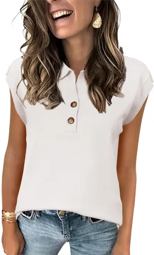 IECCP Womens Cap Sleeve Sweater Vest Summer V Neck Lightweight Casual Button Front Loose Fit Knit Pullover Polo Top