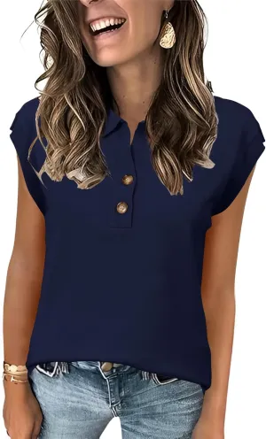 IECCP Womens Cap Sleeve Sweater Vest Summer V Neck Lightweight Casual Button Front Loose Fit Knit Pullover Polo Top