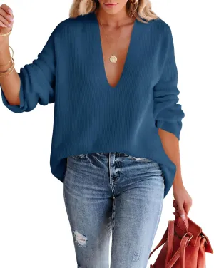 Imily Bela Womens Oversized Deep V Neck Sweaters Sexy Long Sleeve Tunic Sweater Knitted Dressy Pullover Jumper
