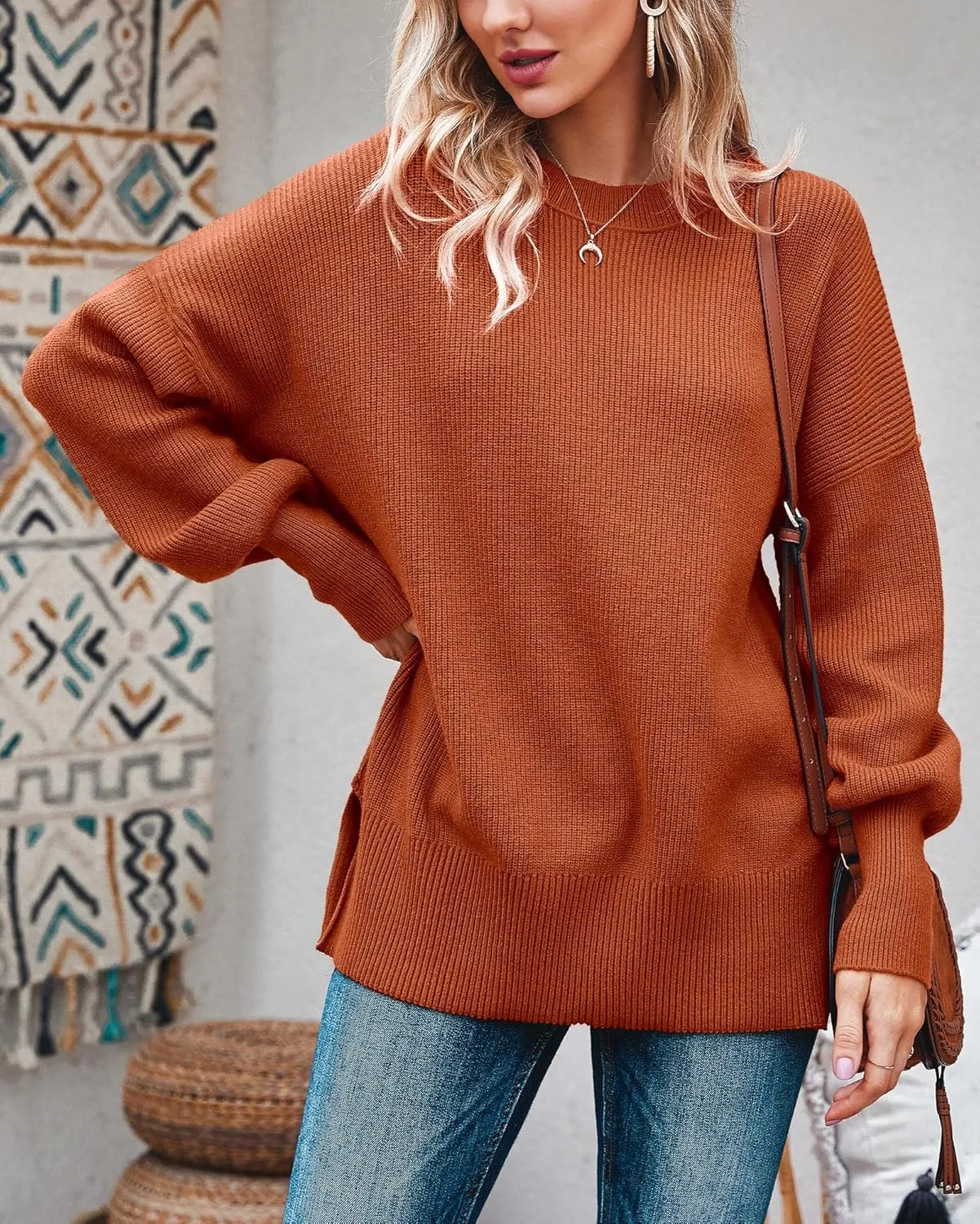 Imily Bela Womens Oversized Tunic Sweaters Fall Slouchy Long Sleeve Ribbed Knit Side Slit Pullover Jumper