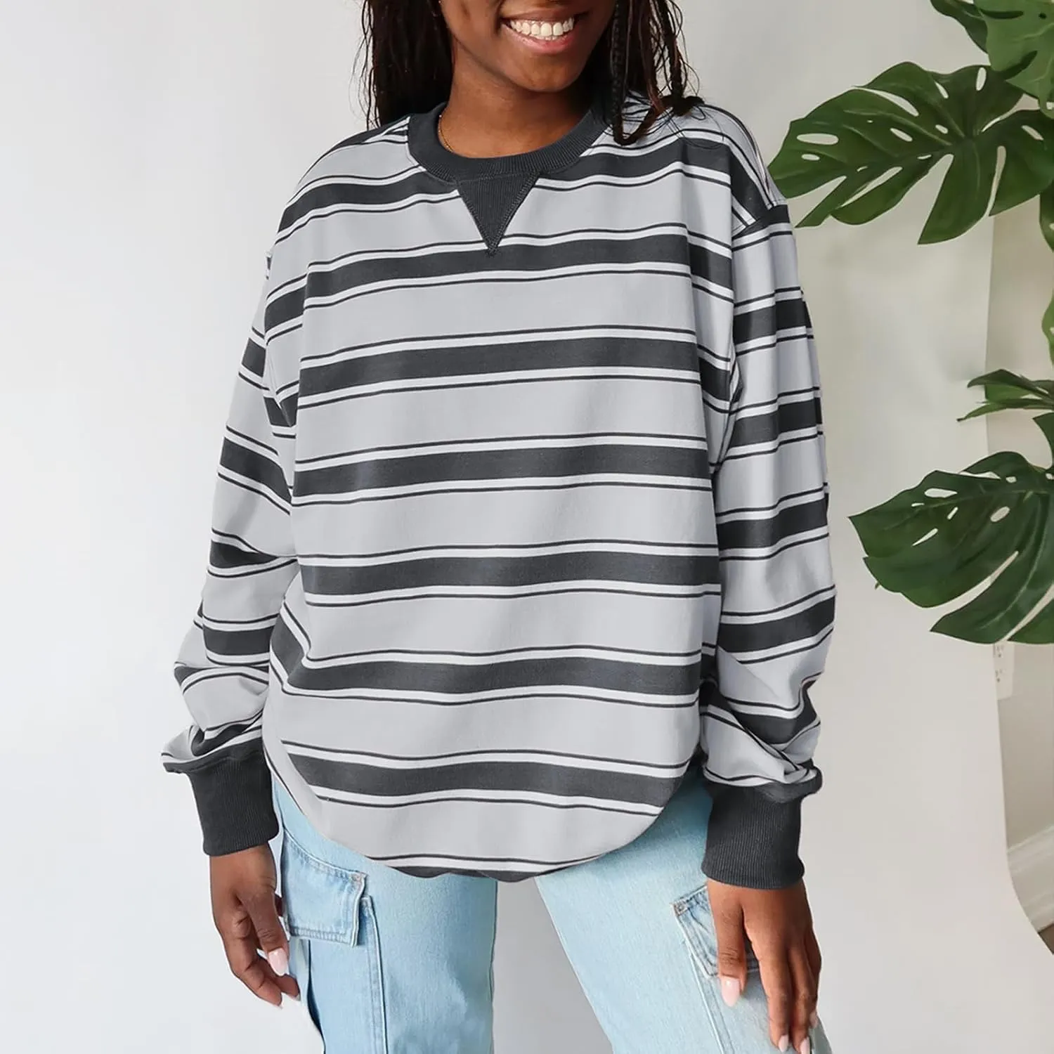 IMISSILLEB Women Oversized Patchwork Sweatshirt Long Sleeve Crewneck Color Block Striped Pullovers 2024 Fall Casual Tops
