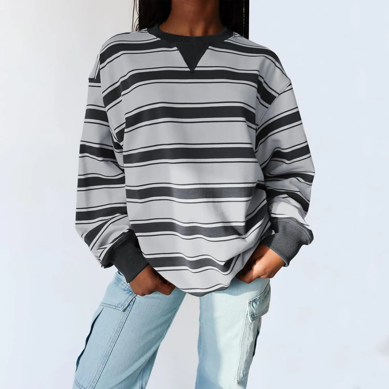 IMISSILLEB Women Oversized Patchwork Sweatshirt Long Sleeve Crewneck Color Block Striped Pullovers 2024 Fall Casual Tops