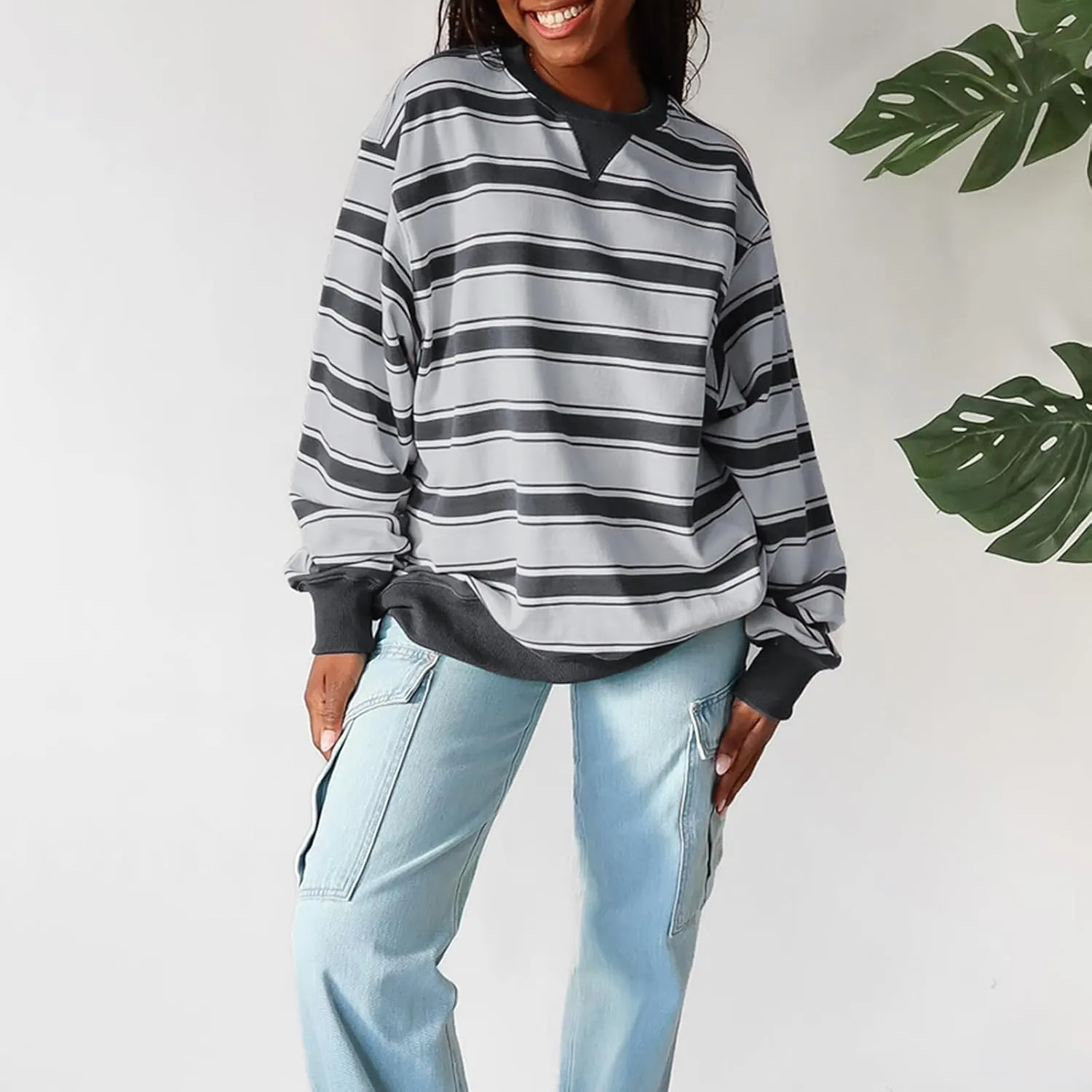 IMISSILLEB Women Oversized Patchwork Sweatshirt Long Sleeve Crewneck Color Block Striped Pullovers 2024 Fall Casual Tops
