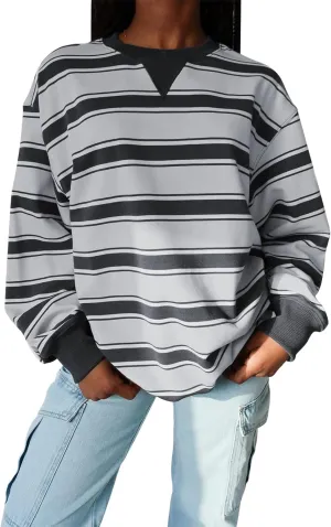 IMISSILLEB Women Oversized Patchwork Sweatshirt Long Sleeve Crewneck Color Block Striped Pullovers 2024 Fall Casual Tops