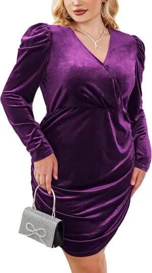 IN'VOLAND Womens Plus Size Long Sleeve Wrap Semi Formal Velvet Mini Dress Sexy V Neck Cocktail Party Midi Dress