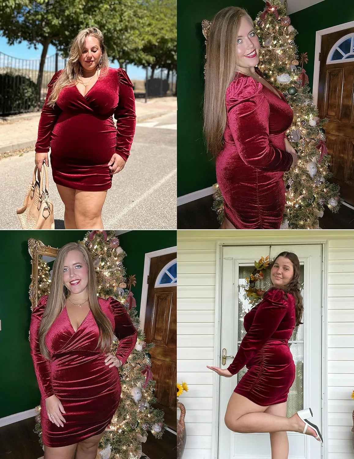 IN'VOLAND Womens Plus Size Long Sleeve Wrap Semi Formal Velvet Mini Dress Sexy V Neck Cocktail Party Midi Dress