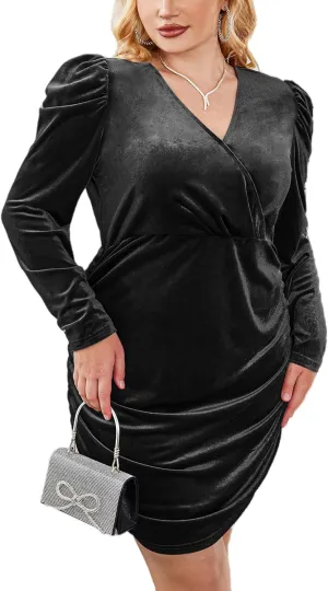 IN'VOLAND Womens Plus Size Long Sleeve Wrap Semi Formal Velvet Mini Dress Sexy V Neck Cocktail Party Midi Dress
