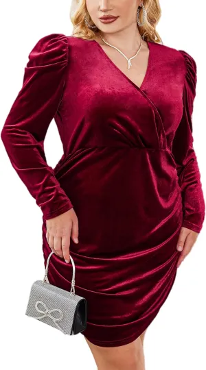 IN'VOLAND Womens Plus Size Long Sleeve Wrap Semi Formal Velvet Mini Dress Sexy V Neck Cocktail Party Midi Dress