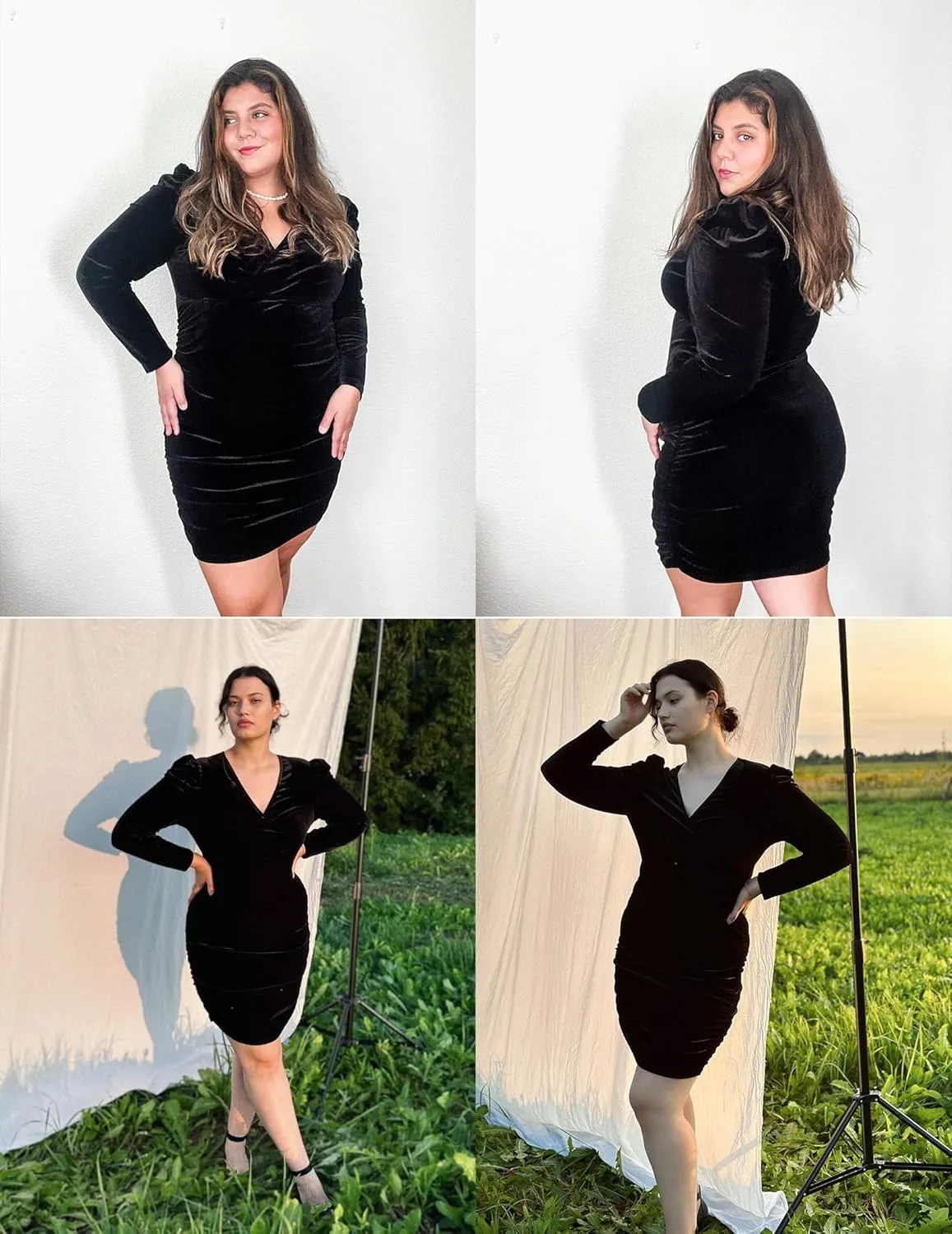 IN'VOLAND Womens Plus Size Long Sleeve Wrap Semi Formal Velvet Mini Dress Sexy V Neck Cocktail Party Midi Dress
