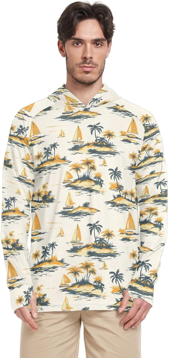 Island Scenery Boat Watercolor Mens Hoodie Sun Protection Long Sleeve UPF 50   Mens Sun Shirts Quick Dry Rashguard For Men Active Wear camisas para hombres de trabajo construccin manga