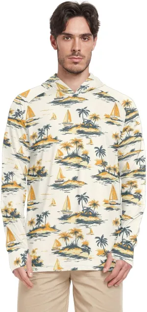 Island Scenery Boat Watercolor Mens Hoodie Sun Protection Long Sleeve UPF 50   Mens Sun Shirts Quick Dry Rashguard For Men Active Wear camisas para hombres de trabajo construccin manga