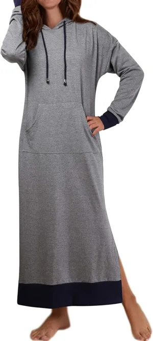 Jacansi Women's Long Sleeve Solid Loose Hooded Sweatshirt Maxi Dress with Pocket