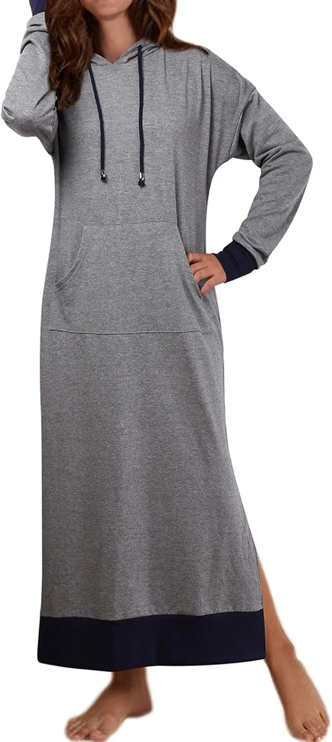Jacansi Women's Long Sleeve Solid Loose Hooded Sweatshirt Maxi Dress with Pocket