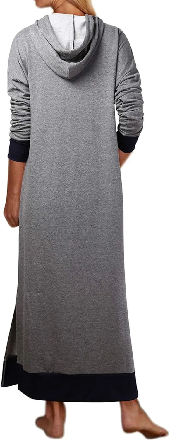 Jacansi Women's Long Sleeve Solid Loose Hooded Sweatshirt Maxi Dress with Pocket