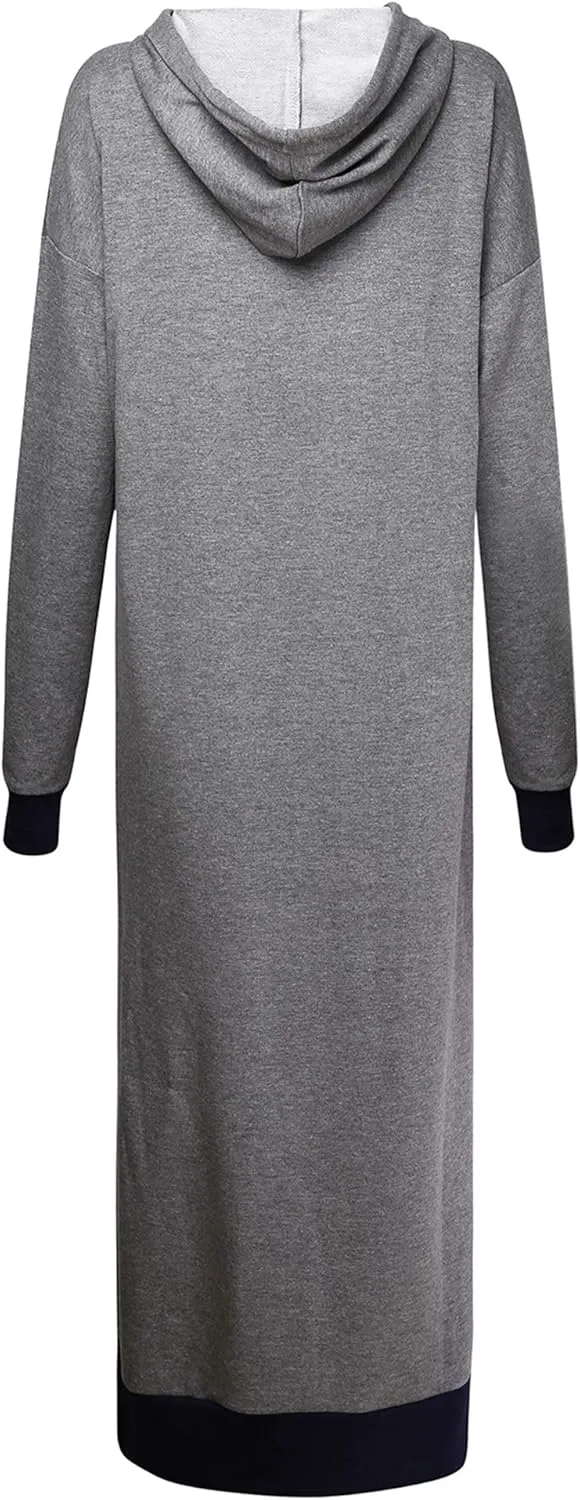 Jacansi Women's Long Sleeve Solid Loose Hooded Sweatshirt Maxi Dress with Pocket