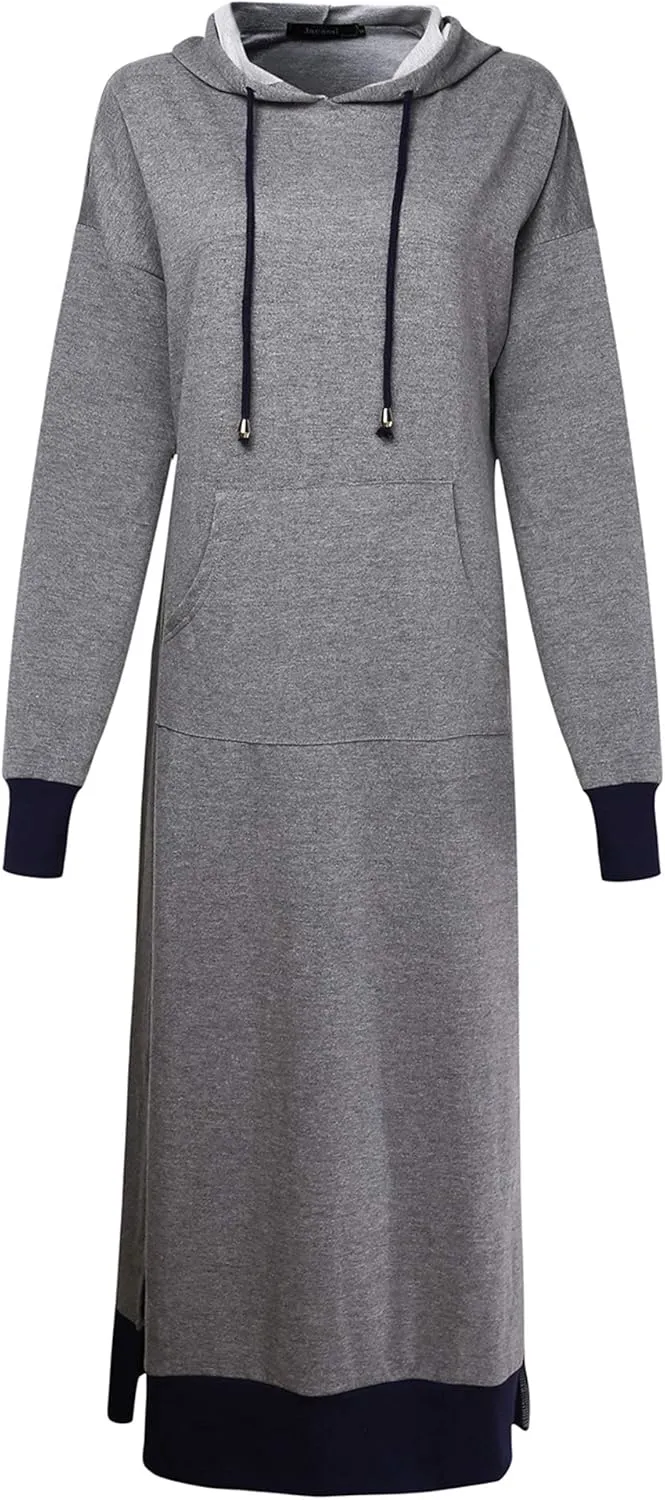Jacansi Women's Long Sleeve Solid Loose Hooded Sweatshirt Maxi Dress with Pocket