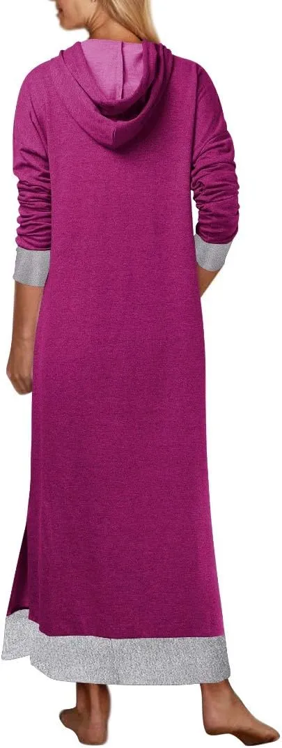 Jacansi Women's Long Sleeve Solid Loose Hooded Sweatshirt Maxi Dress with Pocket