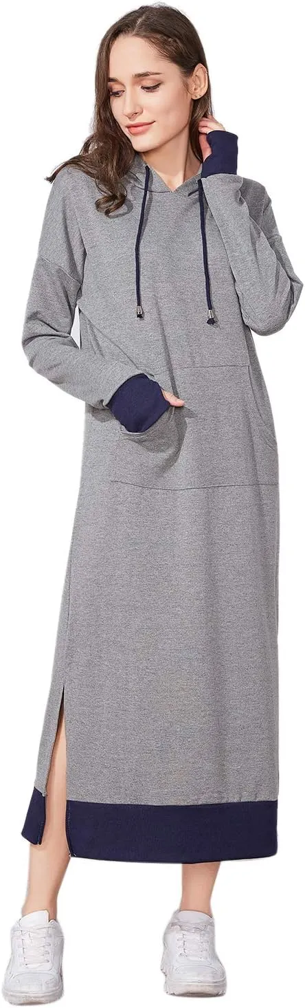 Jacansi Women's Long Sleeve Solid Loose Hooded Sweatshirt Maxi Dress with Pocket