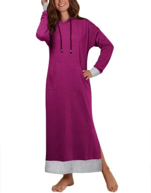 Jacansi Women's Long Sleeve Solid Loose Hooded Sweatshirt Maxi Dress with Pocket