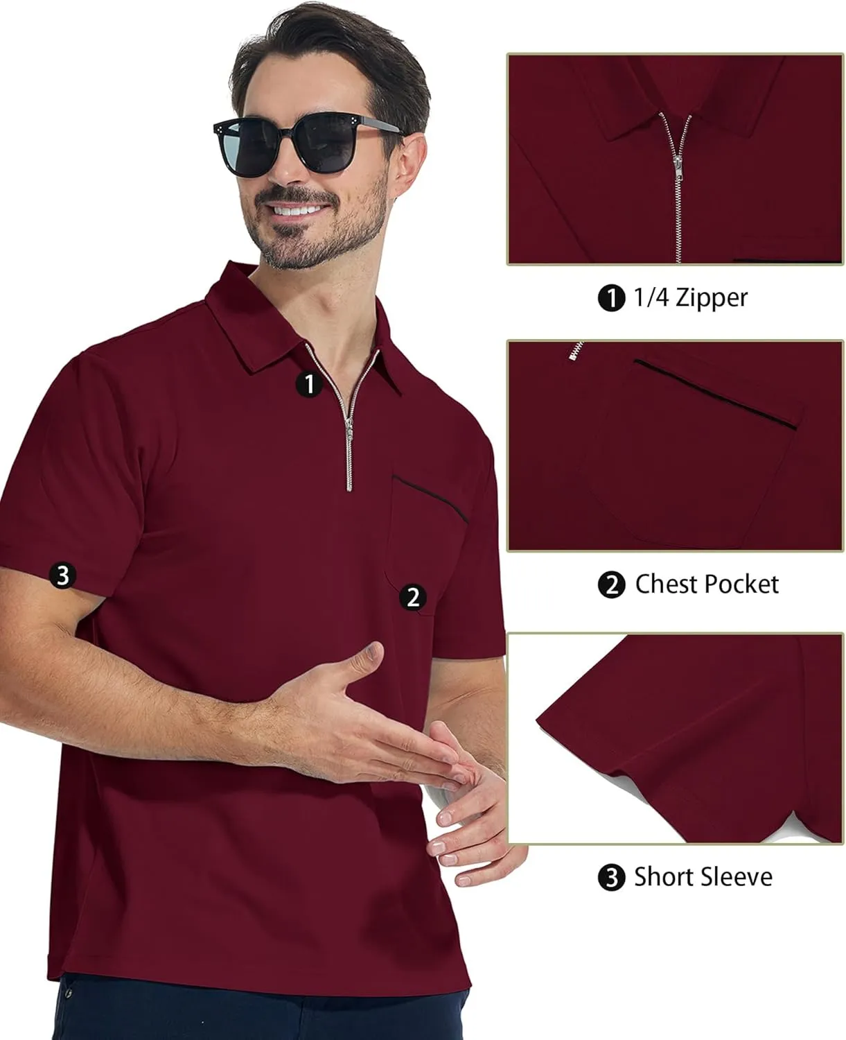 JACKETOWN 3 Pack Polo Shirt for Men Quarter Zip Polo T Shirt Casual Short Sleeve Collared Shirts with Pocket