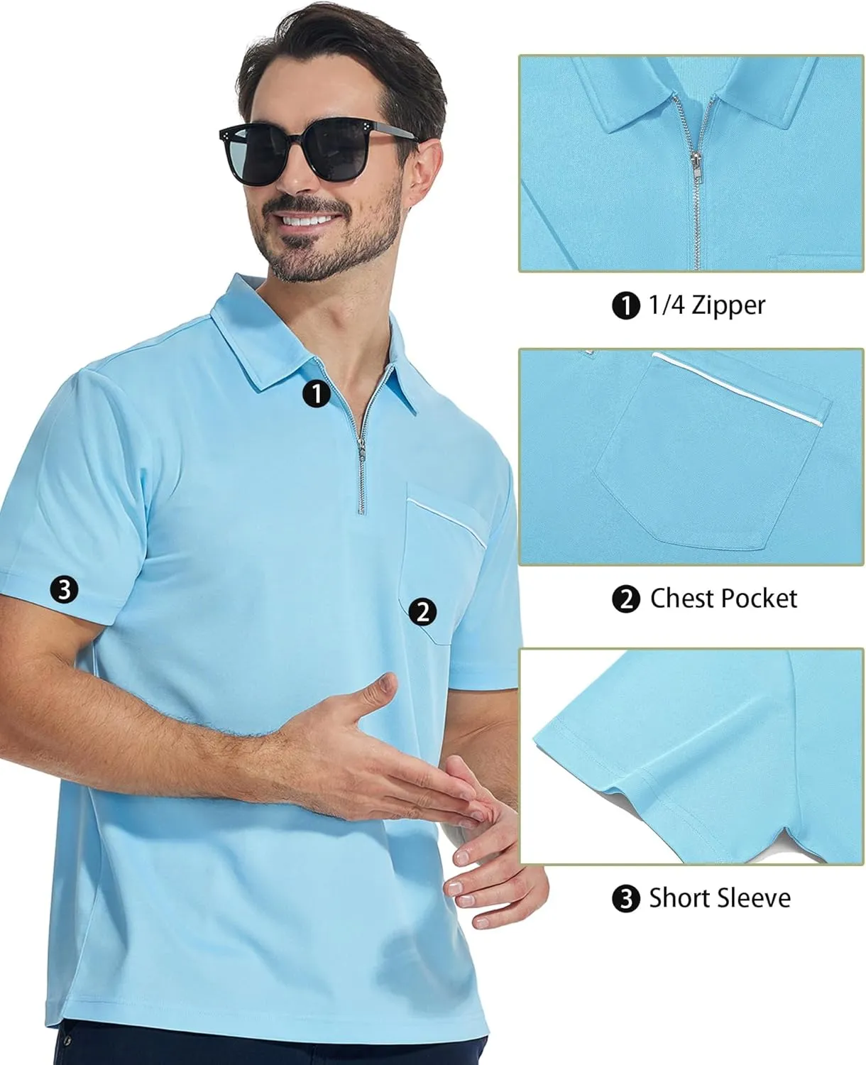 JACKETOWN 3 Pack Polo Shirt for Men Quarter Zip Polo T Shirt Casual Short Sleeve Collared Shirts with Pocket
