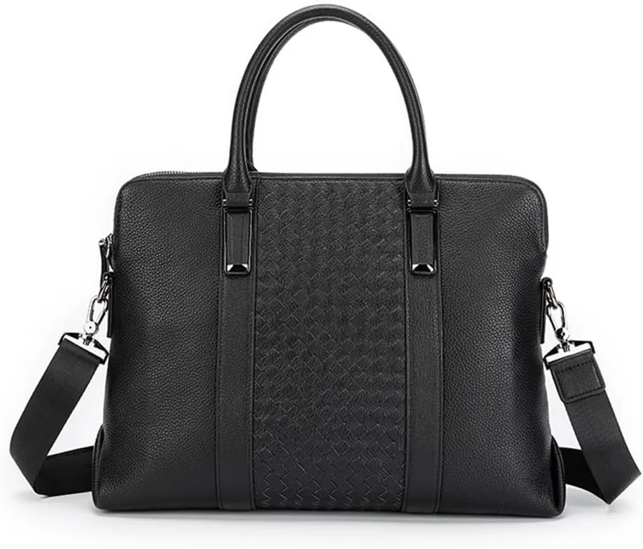JSEIAJB Leather Tote Top Layer Cowhide Hand-woven Men's Business Briefcase Computer Bag