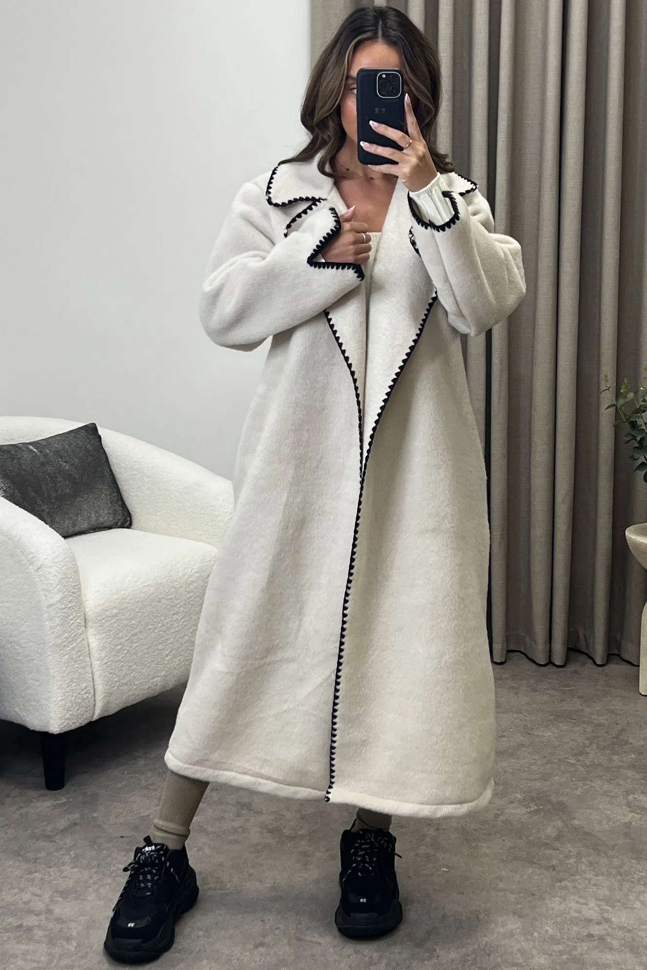 Juliette Beige Wool Look Contrasting Trim Longline Coat