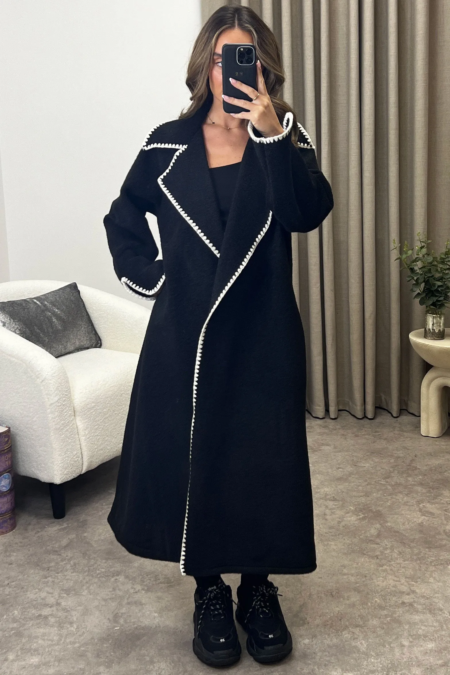Juliette Black Wool Look Contrasting Trim Longline Coat