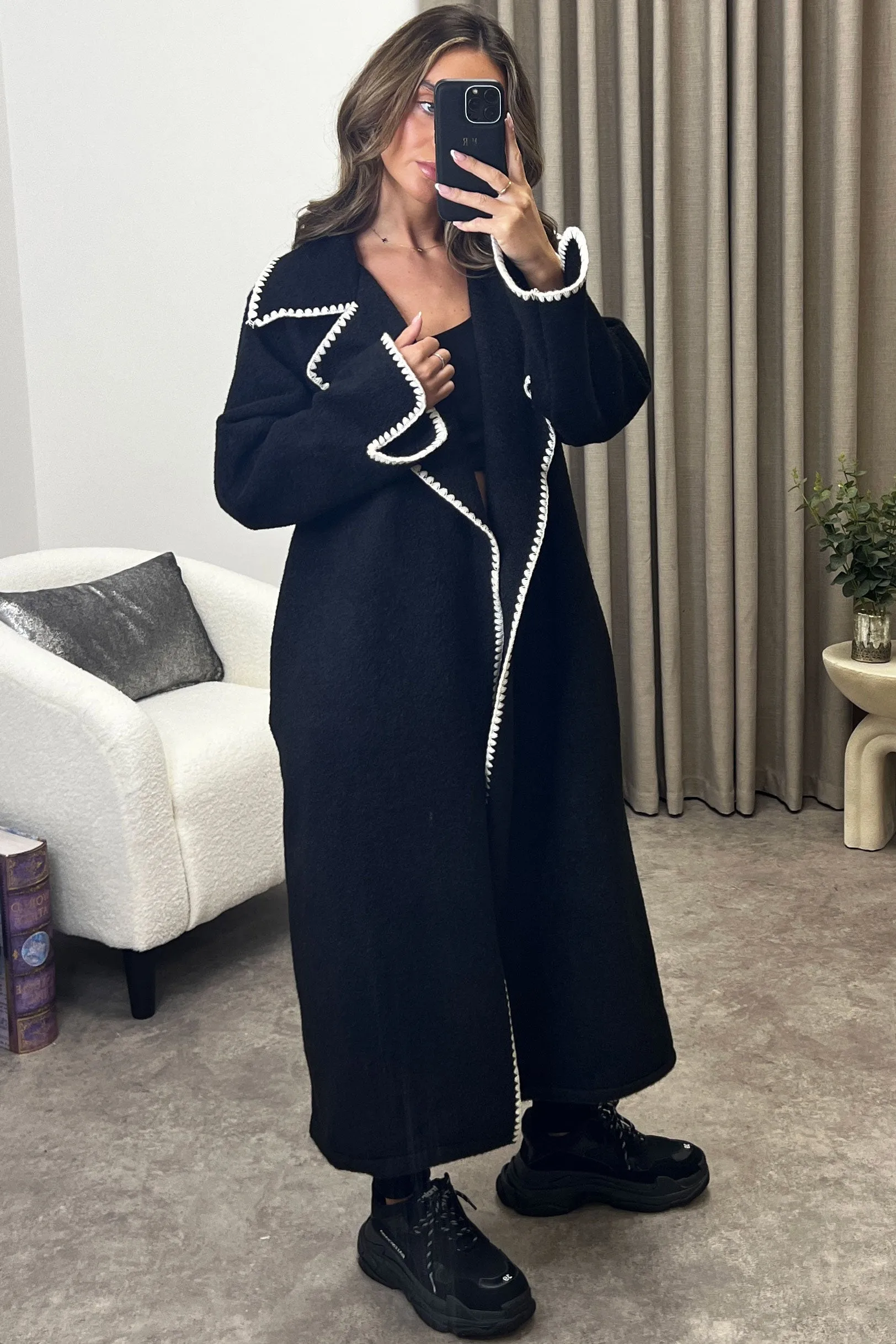 Juliette Black Wool Look Contrasting Trim Longline Coat