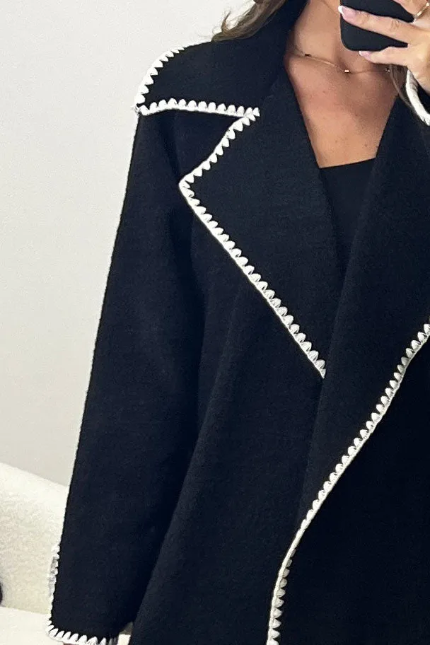 Juliette Black Wool Look Contrasting Trim Longline Coat