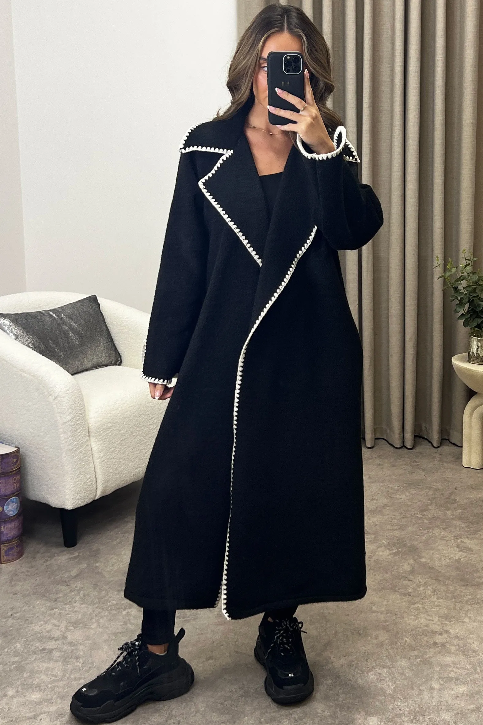 Juliette Black Wool Look Contrasting Trim Longline Coat