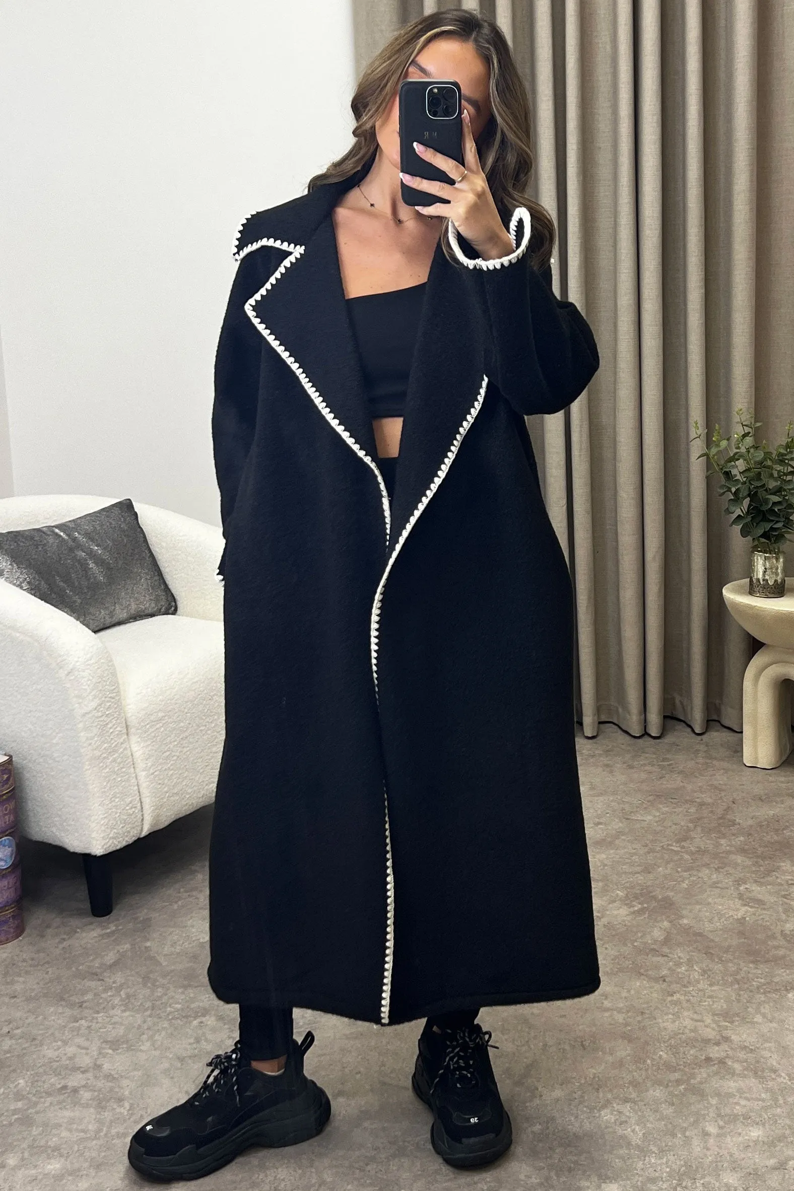 Juliette Black Wool Look Contrasting Trim Longline Coat
