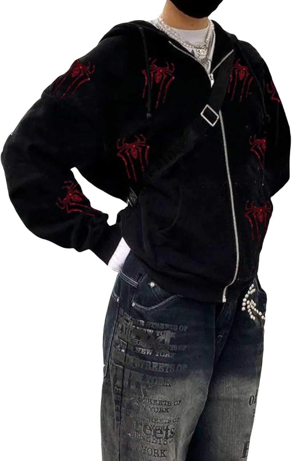 Kaipiclos Skeleton Hoodie Men Women Full Zip Up Hoodie Over Face Oversized Graphic Rhinestone Skull Streetwear Jacket