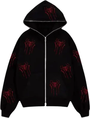 Kaipiclos Skeleton Hoodie Men Women Full Zip Up Hoodie Over Face Oversized Graphic Rhinestone Skull Streetwear Jacket