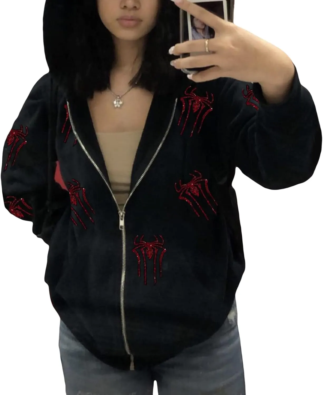 Kaipiclos Skeleton Hoodie Men Women Full Zip Up Hoodie Over Face Oversized Graphic Rhinestone Skull Streetwear Jacket