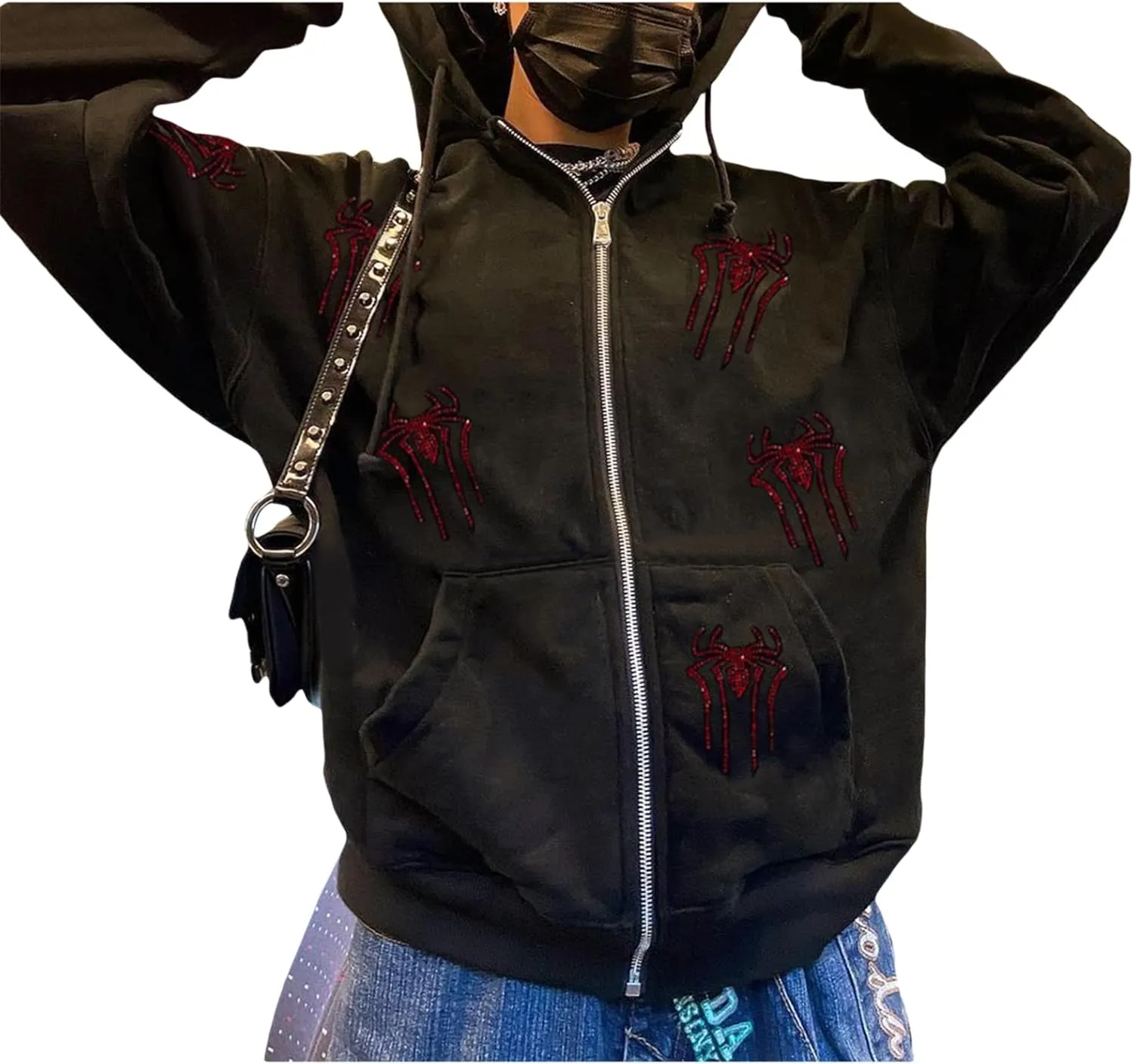 Kaipiclos Skeleton Hoodie Men Women Full Zip Up Hoodie Over Face Oversized Graphic Rhinestone Skull Streetwear Jacket