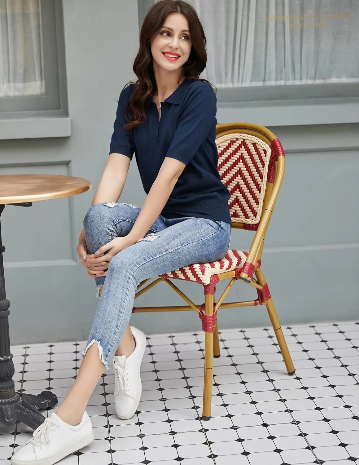 Kate Kasin Women Short Sleeve Polo Sweater V Neck Knitted Tops Casual Ribbed Shirt Loose Pullover Sweater