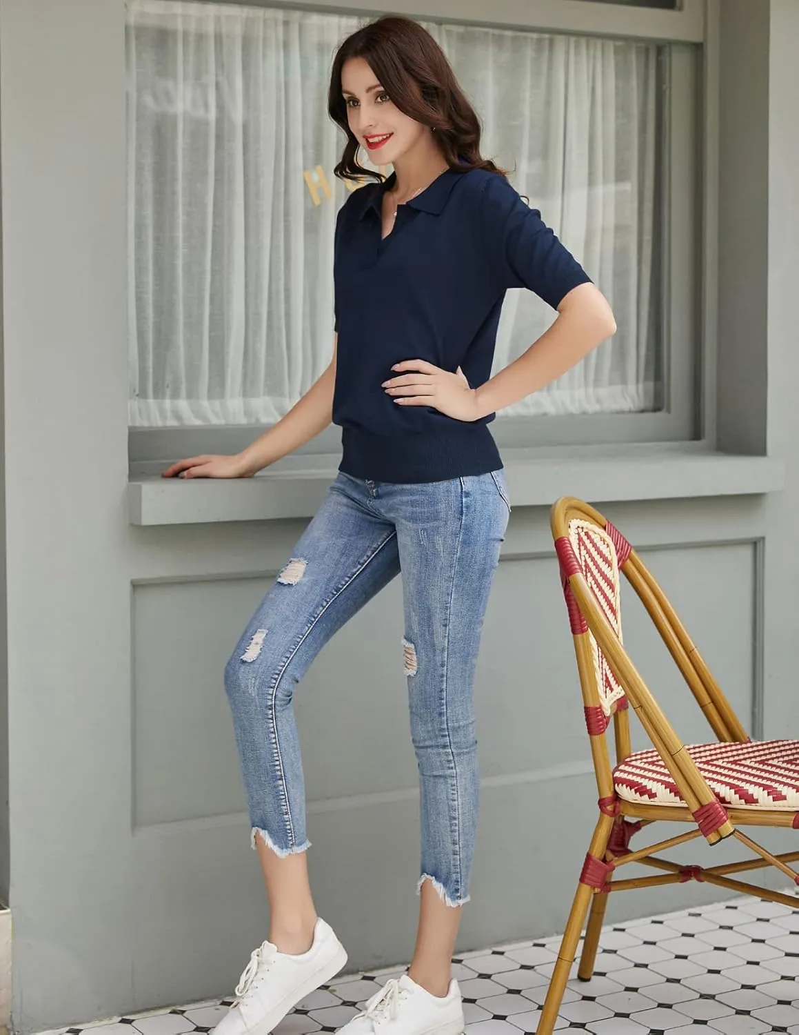Kate Kasin Women Short Sleeve Polo Sweater V Neck Knitted Tops Casual Ribbed Shirt Loose Pullover Sweater
