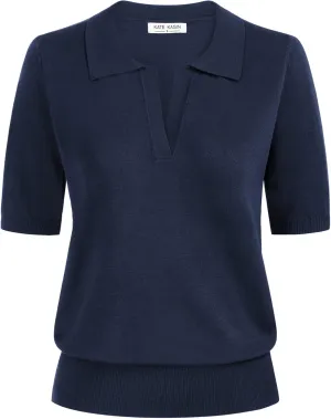 Kate Kasin Women Short Sleeve Polo Sweater V Neck Knitted Tops Casual Ribbed Shirt Loose Pullover Sweater