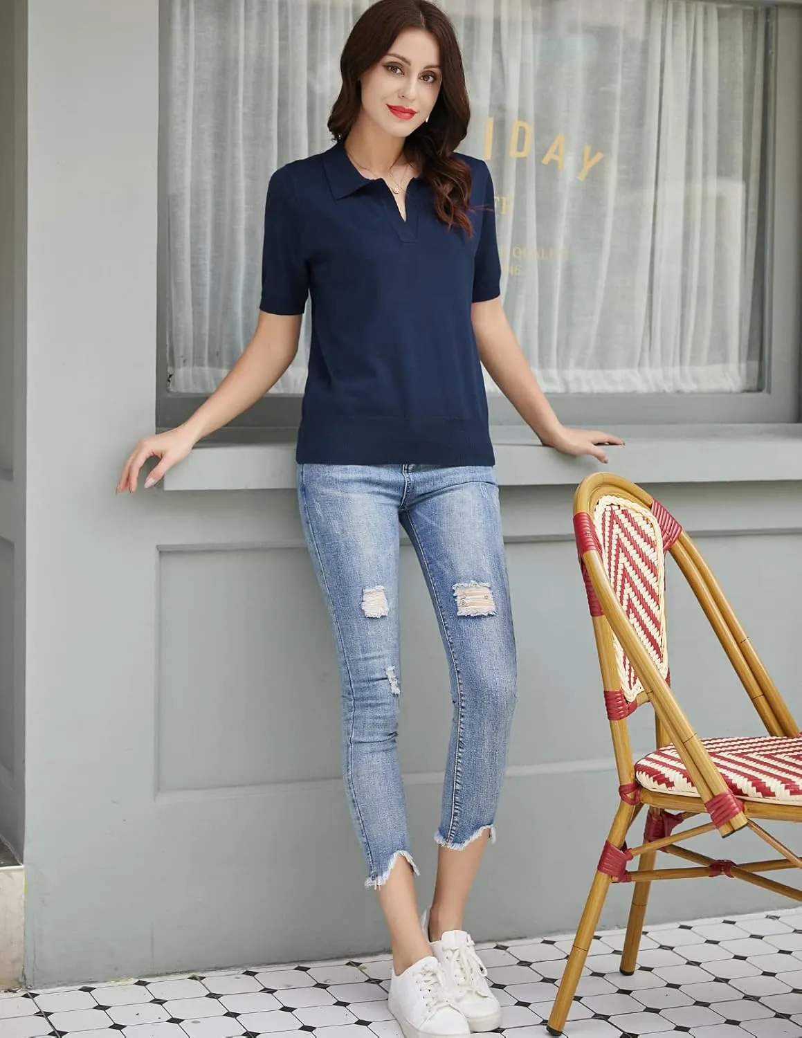 Kate Kasin Women Short Sleeve Polo Sweater V Neck Knitted Tops Casual Ribbed Shirt Loose Pullover Sweater