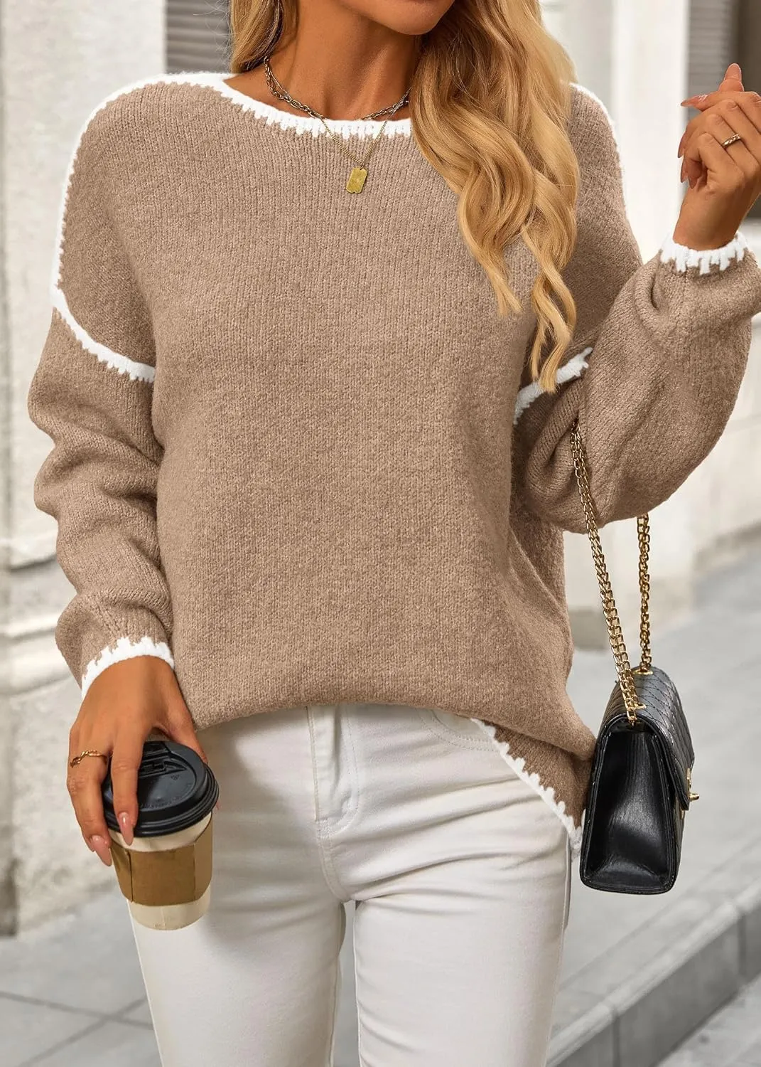 KIRUNDO Womens Sweaters 2025 Fall Oversized Long Sleeve Chunky Knit Crew Neck Contrast Stitching Pullover Winter Clothes